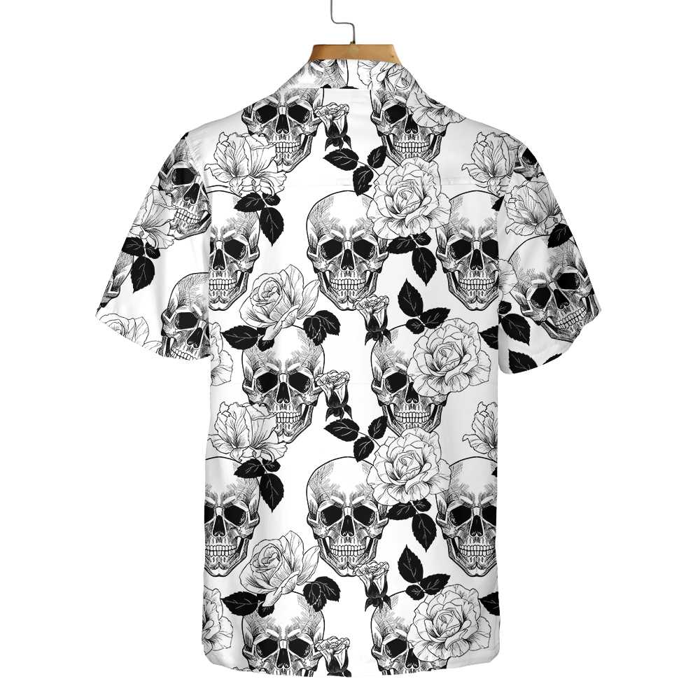 Black And White Skull Roses Hawaiian Shirt, Seamless Pattern Skull Shirt