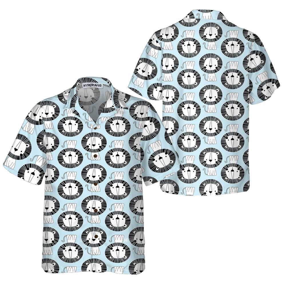 Cute Lion On Blue Hawaiian Shirt, Button Up Lion Shirt For Men & Women, Lion Hawaiian Shirt Lion Gift Idea