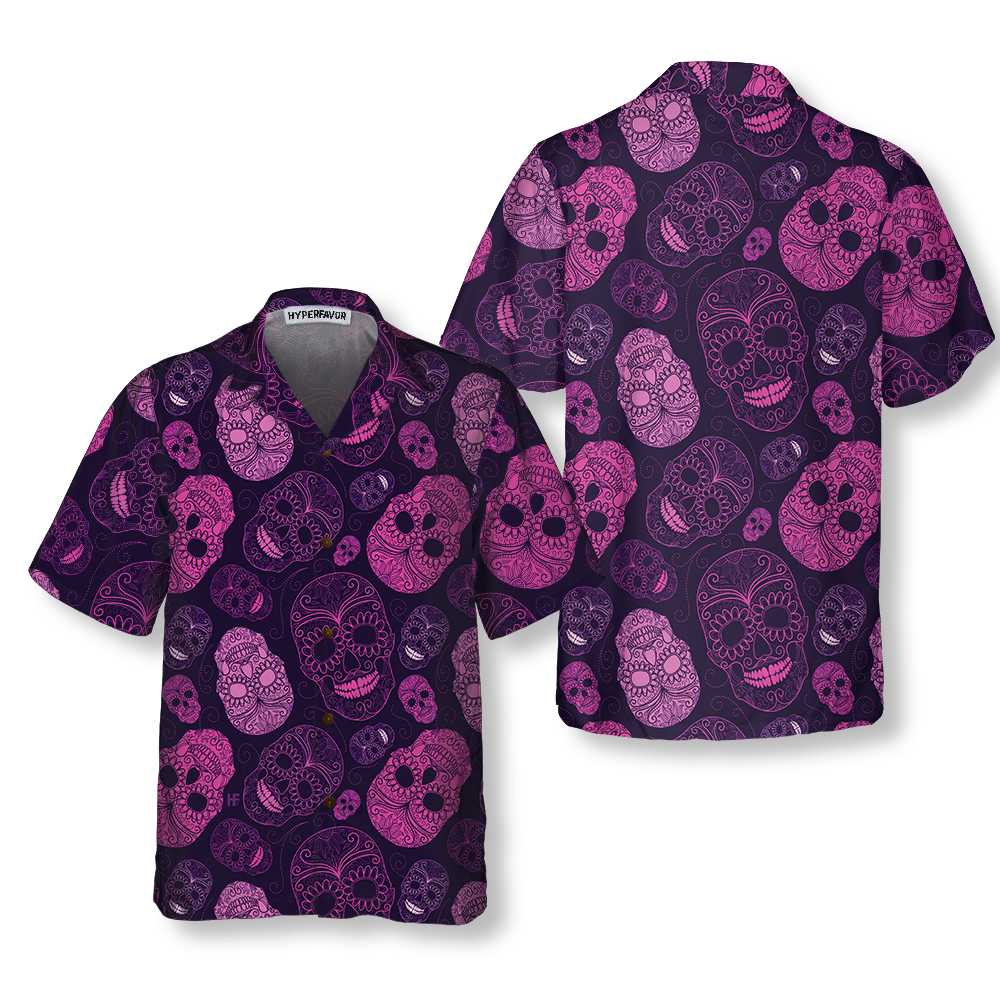 Purple Midnight Sugar Skull Hawaiian Shirt, Unique Day Of The Dead Skull Shirt For Men And Women