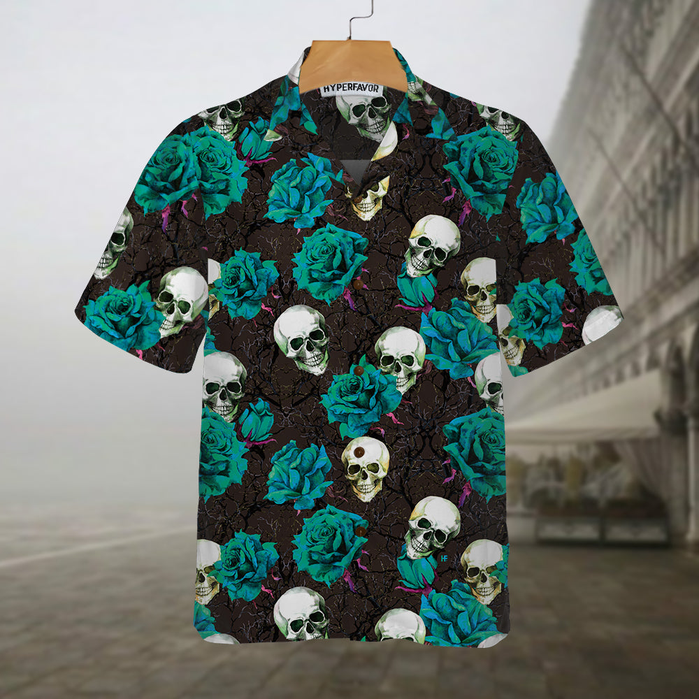 Skulls & Rose Branches Hawaiian Shirt, Blue Roses And Gothic Skull Shirt For Men And Women