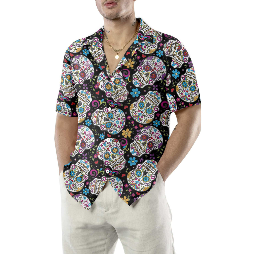 Sugar Skulls With Flowers Hawaiian Shirt, Colorful Floral Mexican Skull, Best Day Of The Dead Gift