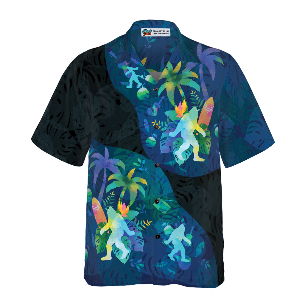 Artistic Summer Bigfoot Hawaiian Shirts for Men, Black and Blue Sasquatch Shirts