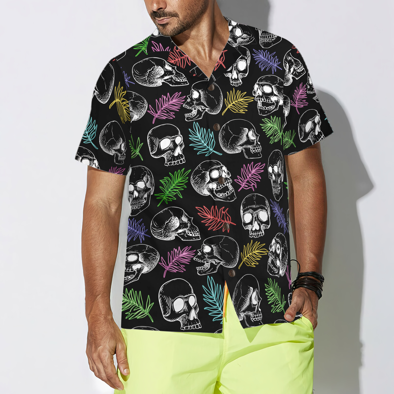 Skulls And Colorful Palm Leaves Hawaiian Shirt