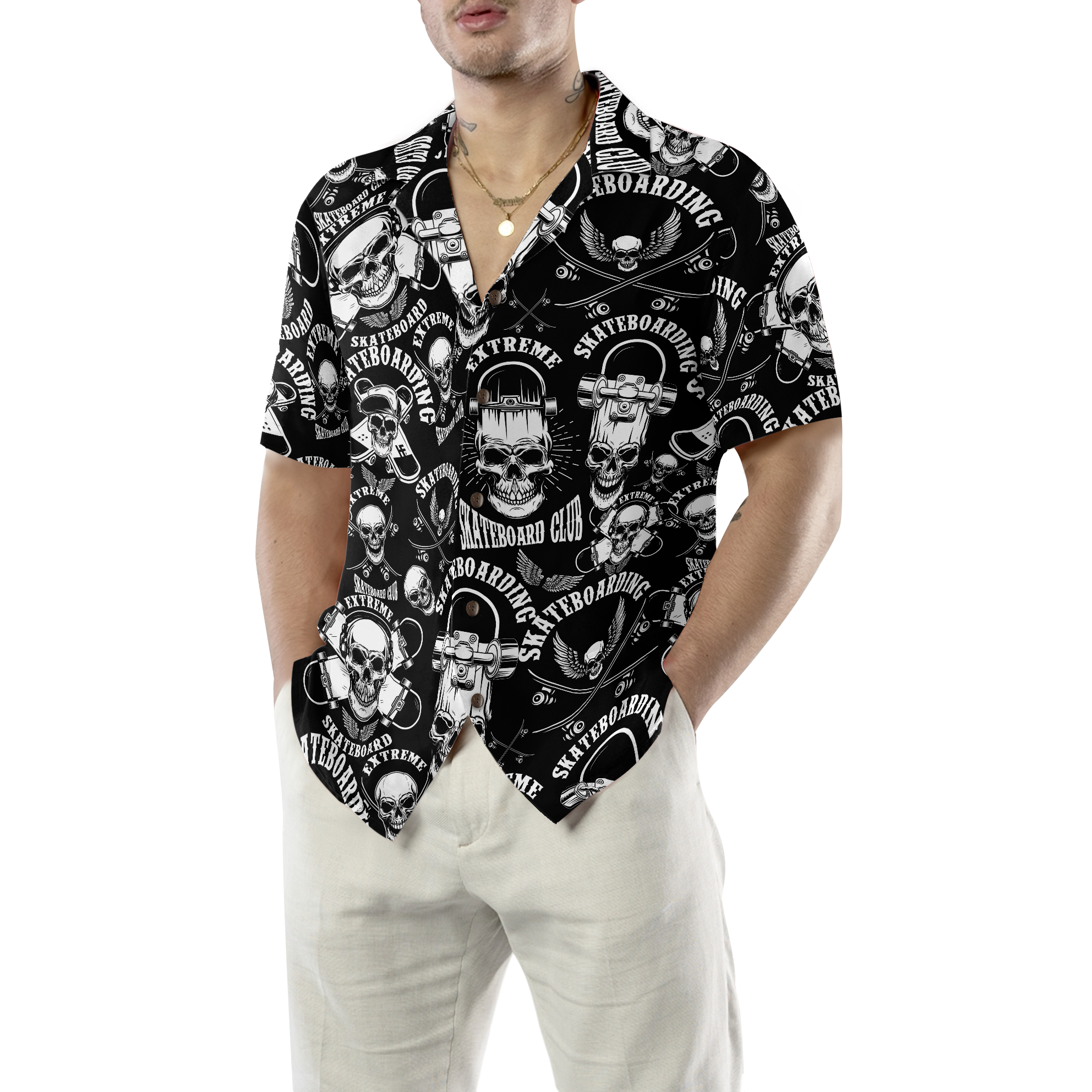 Skateboard Emblems In Monochrome Style Hawaiian Shirt